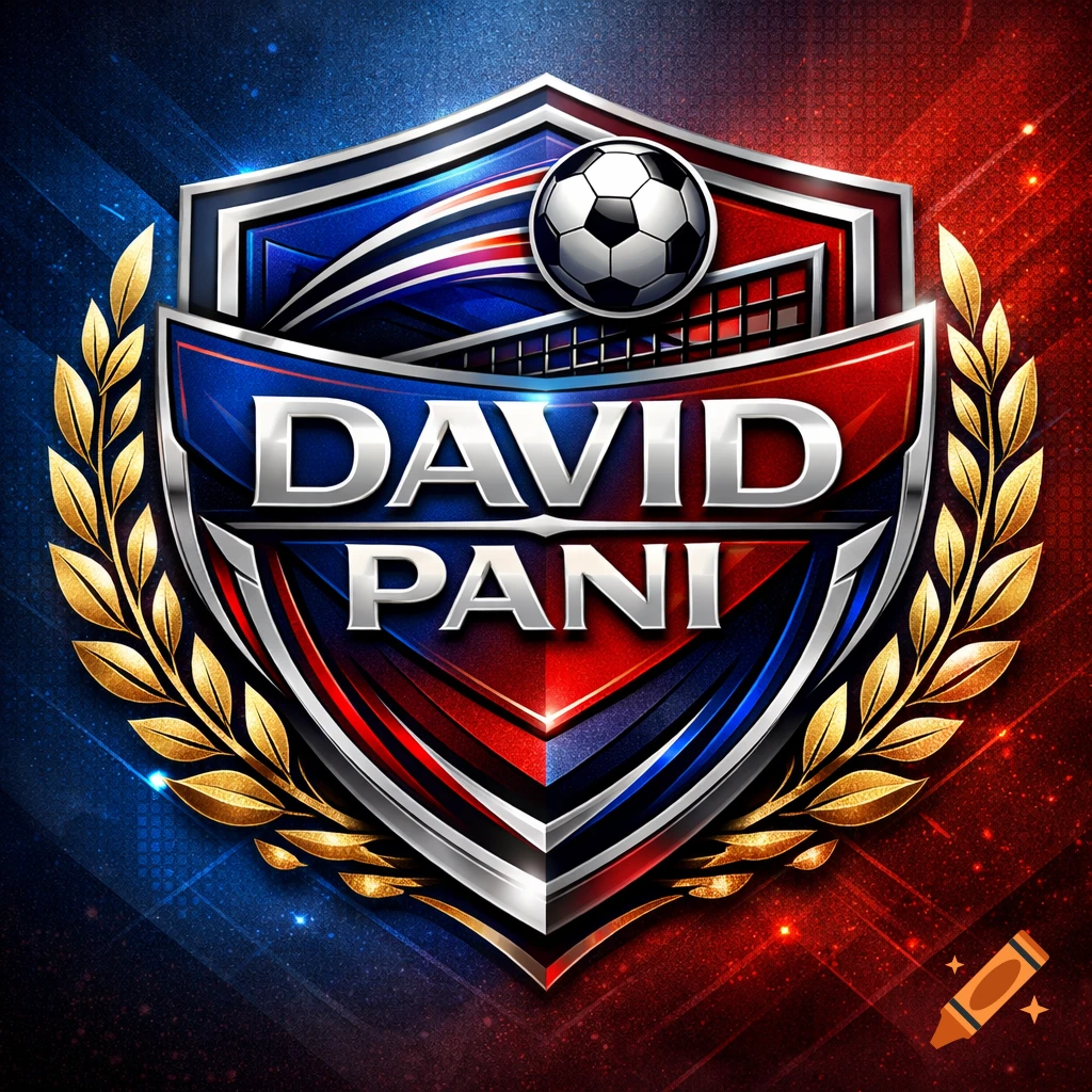 Metallic sports emblem with a soccer ball, laurel wreaths, and text 'DAVID PANI' on a red and blue background.