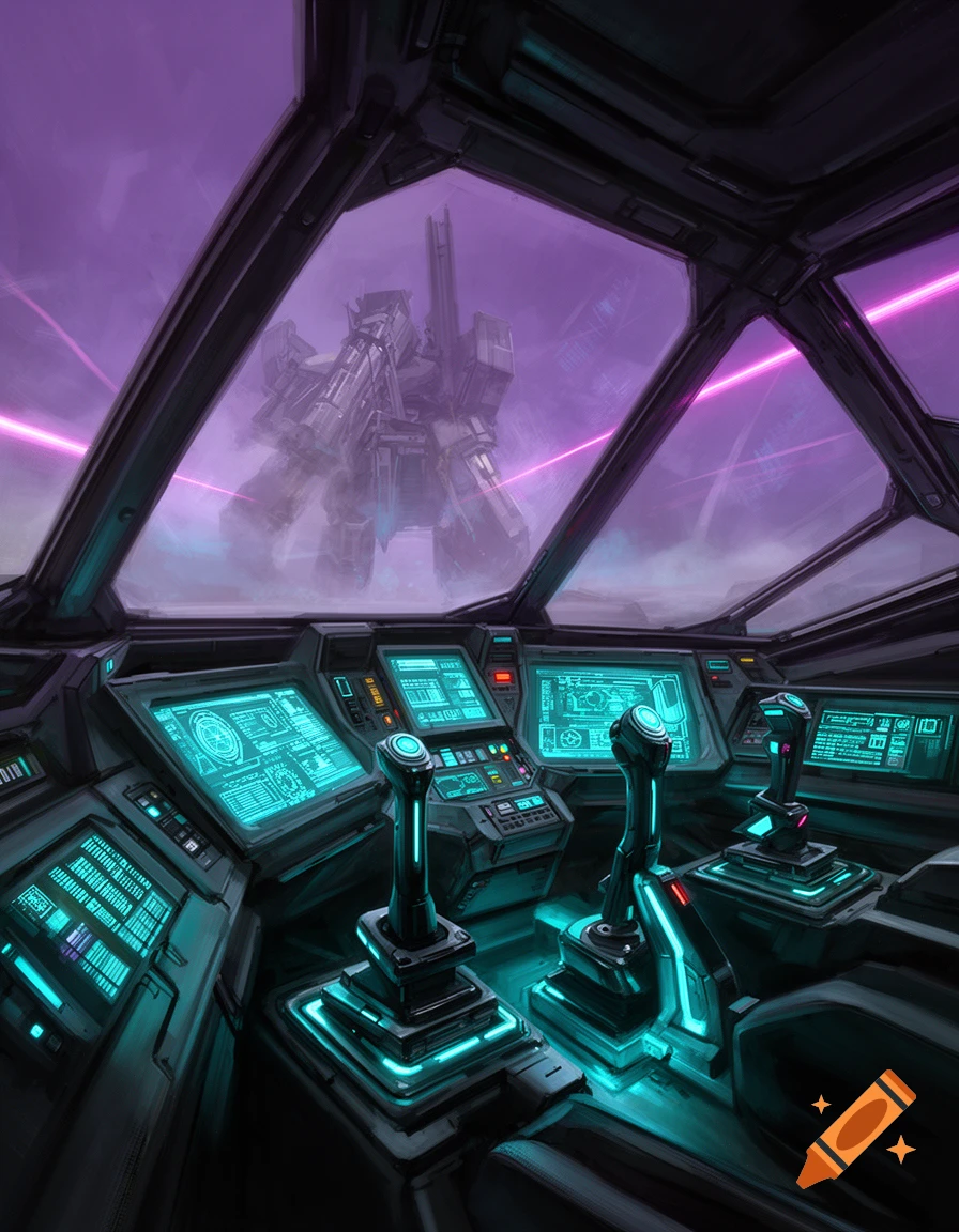 POV from a futuristic mecha cockpit with glowing blue screens, looking out at a huge mecha under a purple sky with neon lasers.