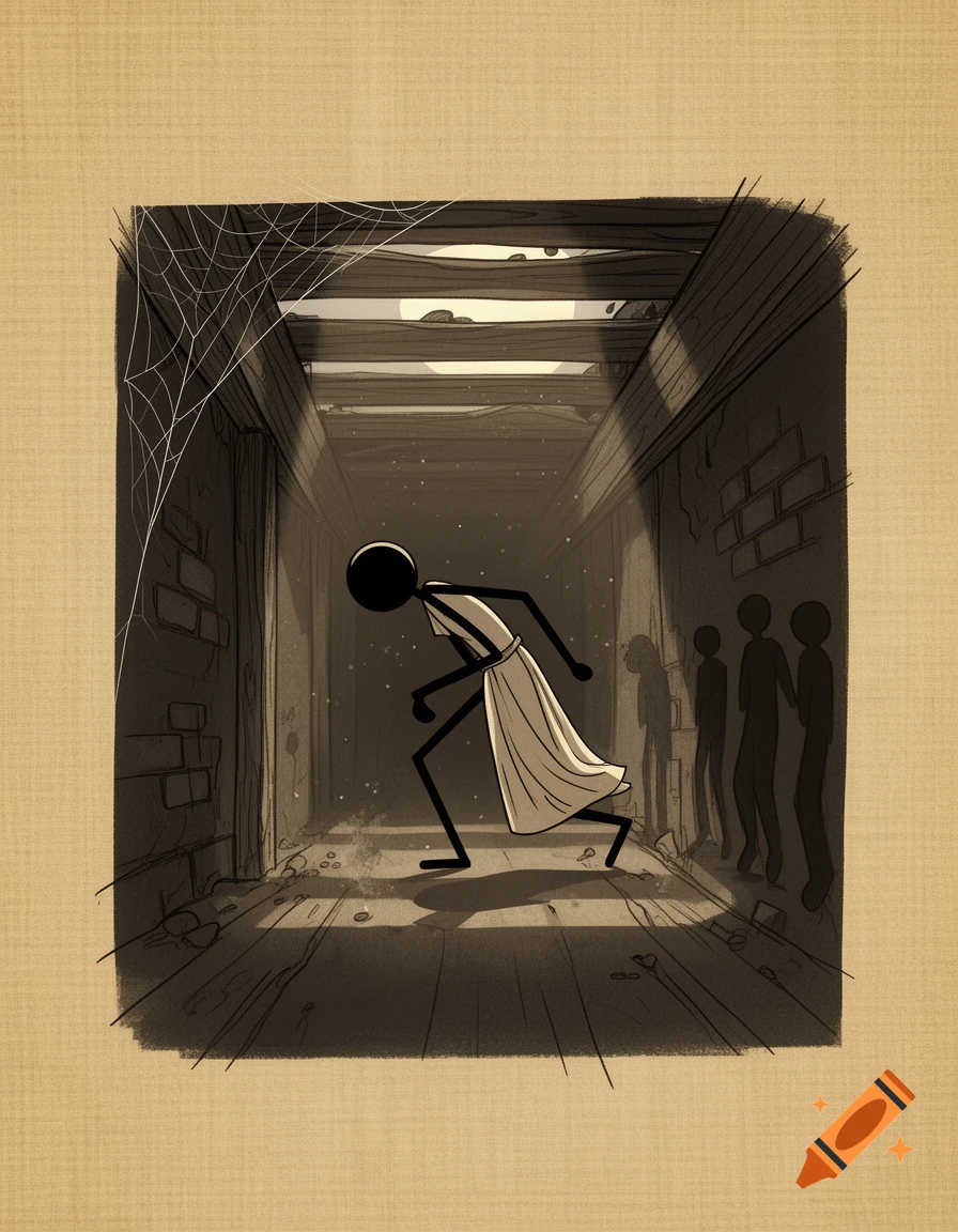 A stylized stick figure in a dress moves cautiously through a dark, narrow tunnel with spiderwebs and shadowy figures in the background.