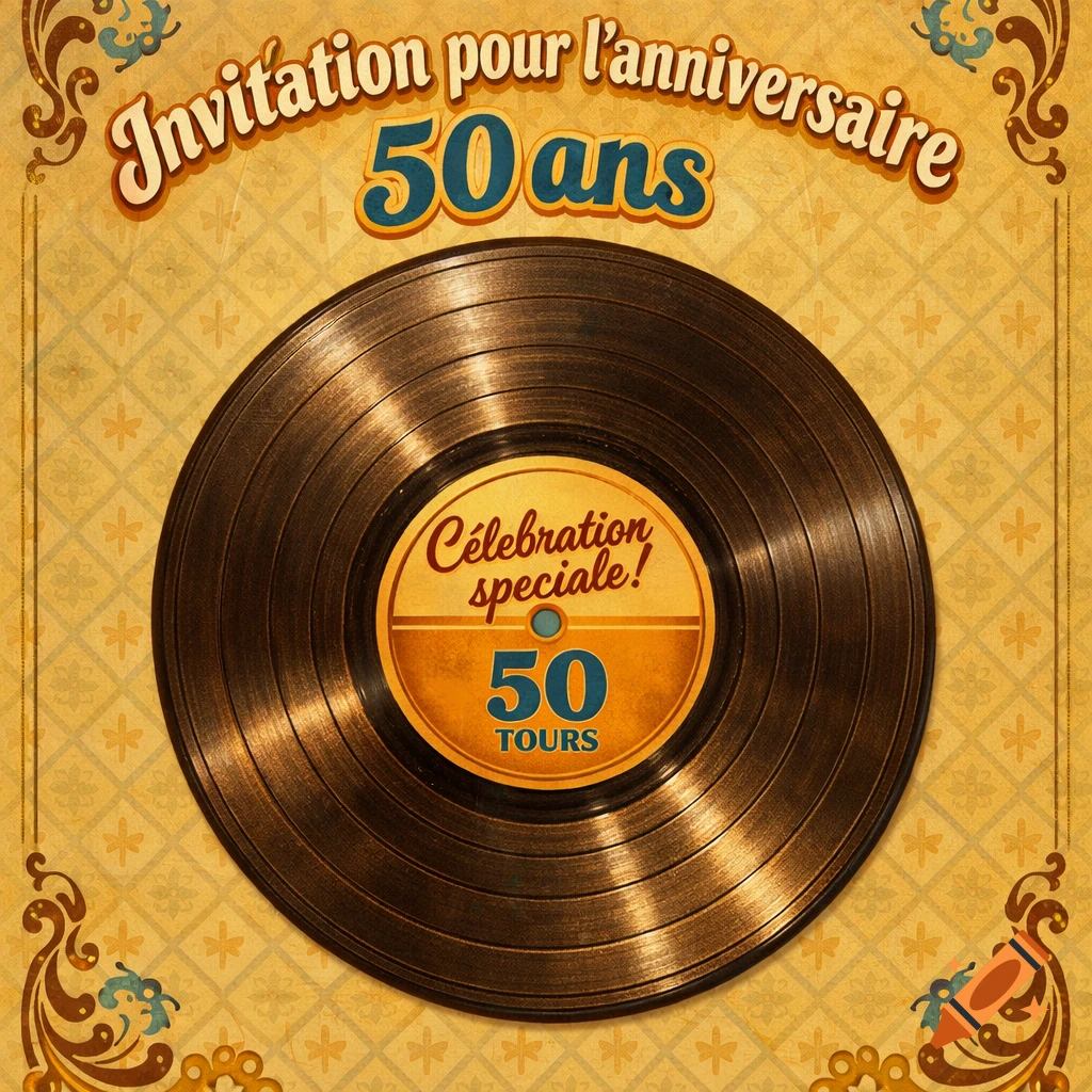 Retro birthday invitation for 50 years, featuring a vinyl record on a patterned background.