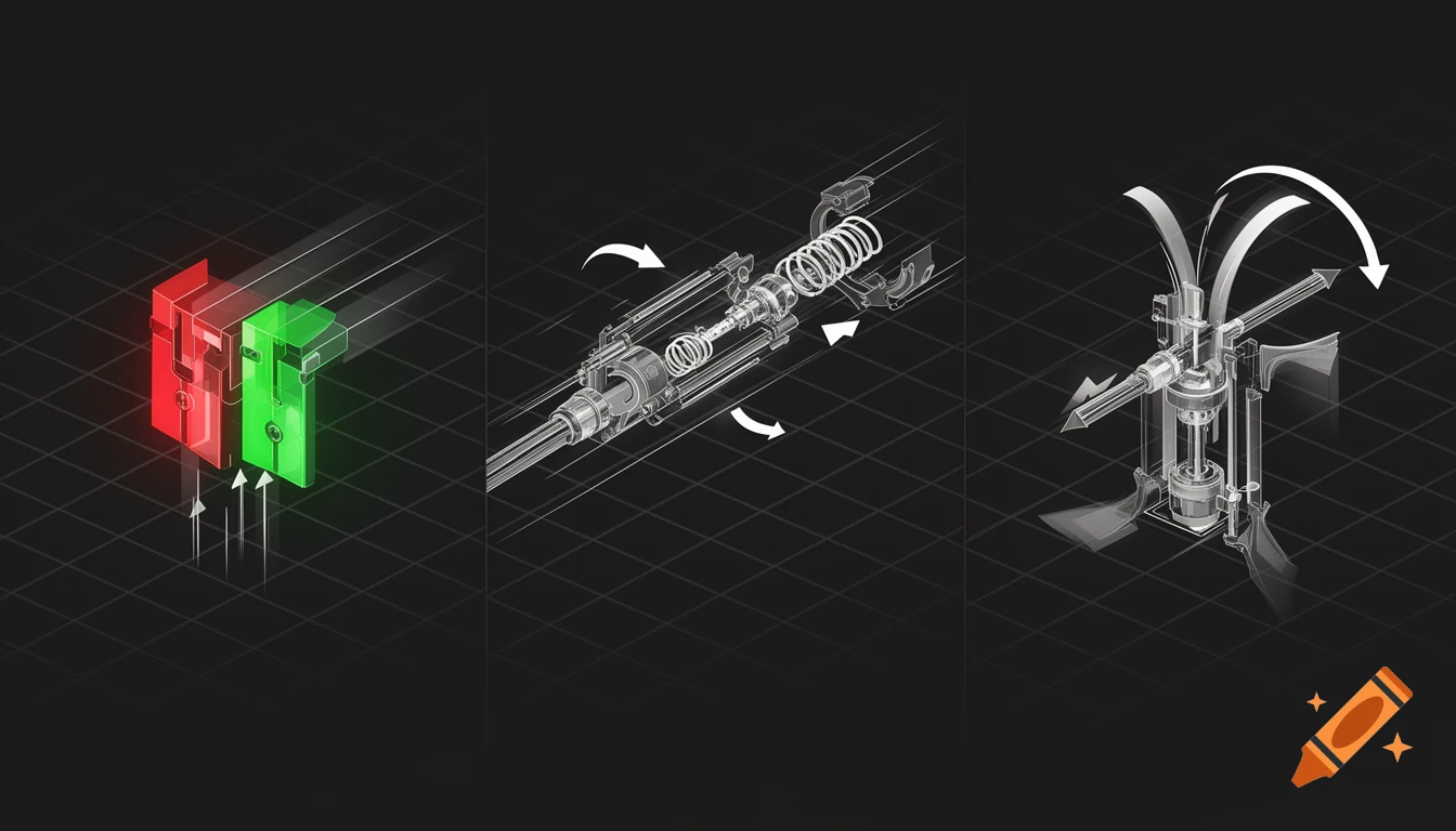 Three isometric vector technical illustrations: magnetic locks disengaging, telescopic sections extending, and a gravity trigger activating frame deployment.