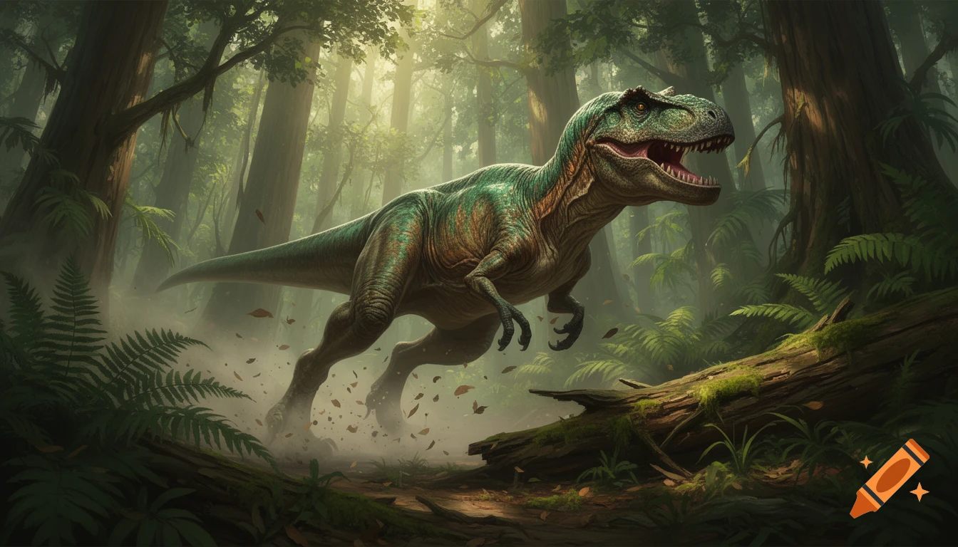 A detailed illustration of an Allosaurus running through a lush, misty forest, kicking up dust and leaves.