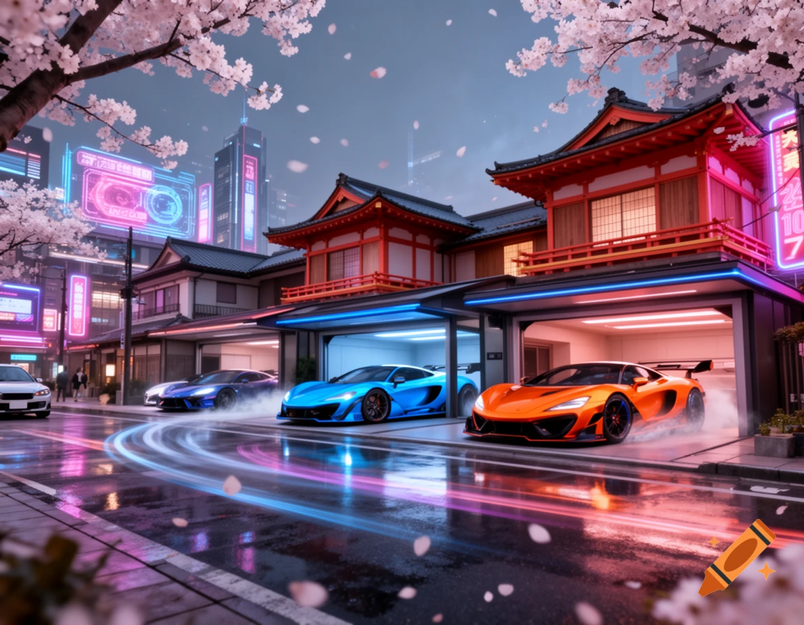 Vibrant, futuristic Japanese cityscape at dusk with sports cars, traditional architecture, neon lights, and cherry blossoms.