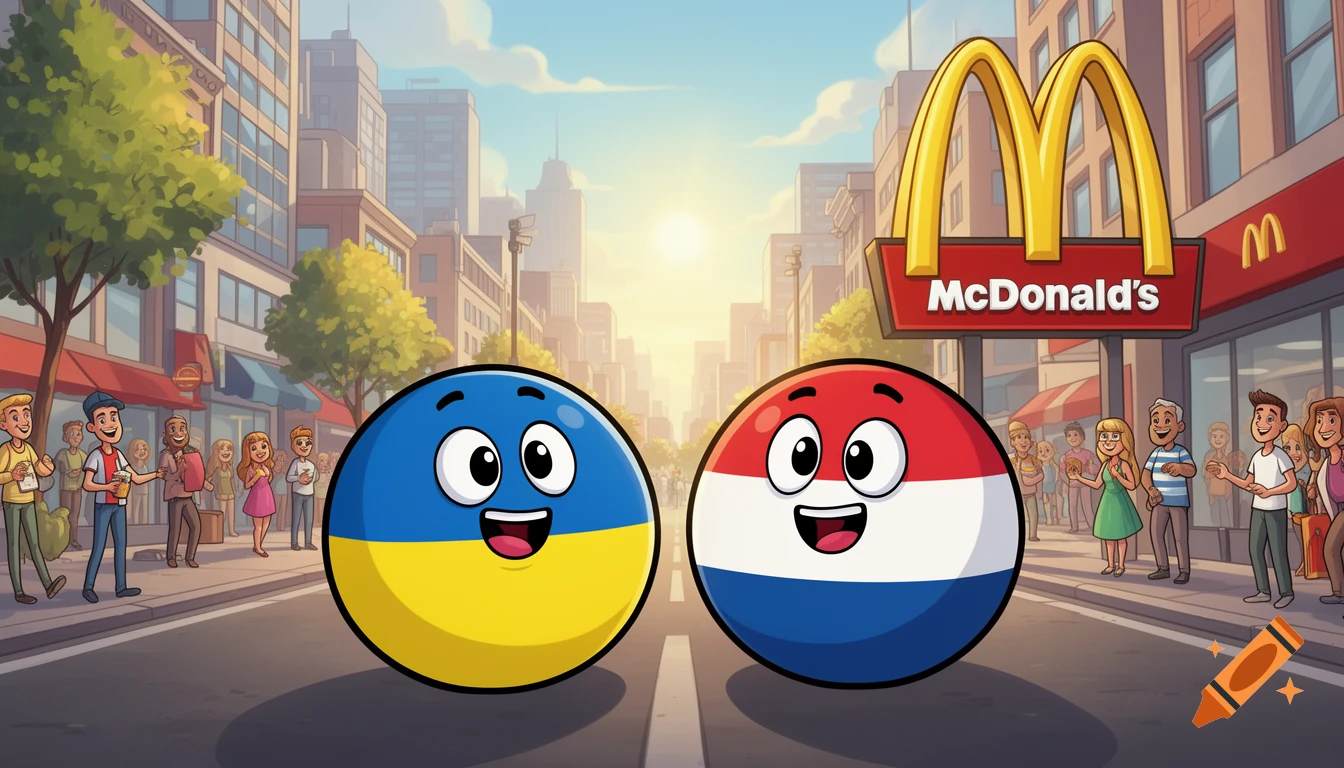 Cartoon countryballs of Ukraine and the Netherlands smile on a city street with a McDonald's.