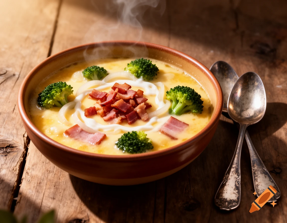 Steaming bowl of creamy soup with broccoli, bacon, and ham on a rustic wooden table with spoons.