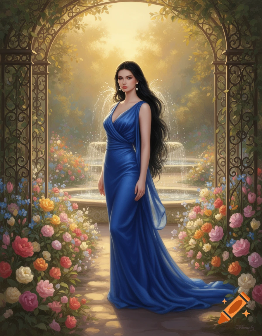 A beautiful woman in a flowing blue dress with long dark hair stands in a vibrant garden with an archway and fountain, digital art.