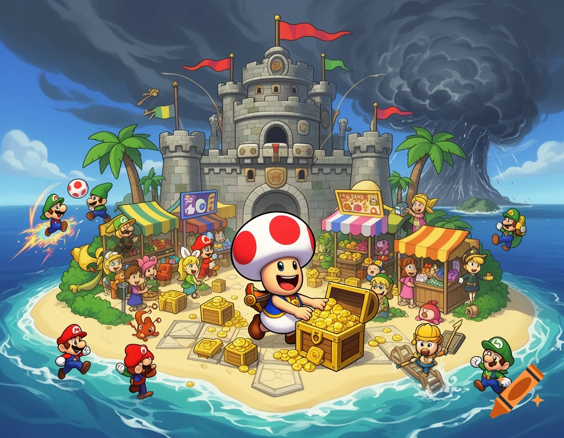 A vibrant cel-shaded cartoon island with Captain Toad opening a treasure chest of gold coins, surrounded by Mario characters, a castle, market stalls, and palm trees under a dramatic sky with a storm forming.