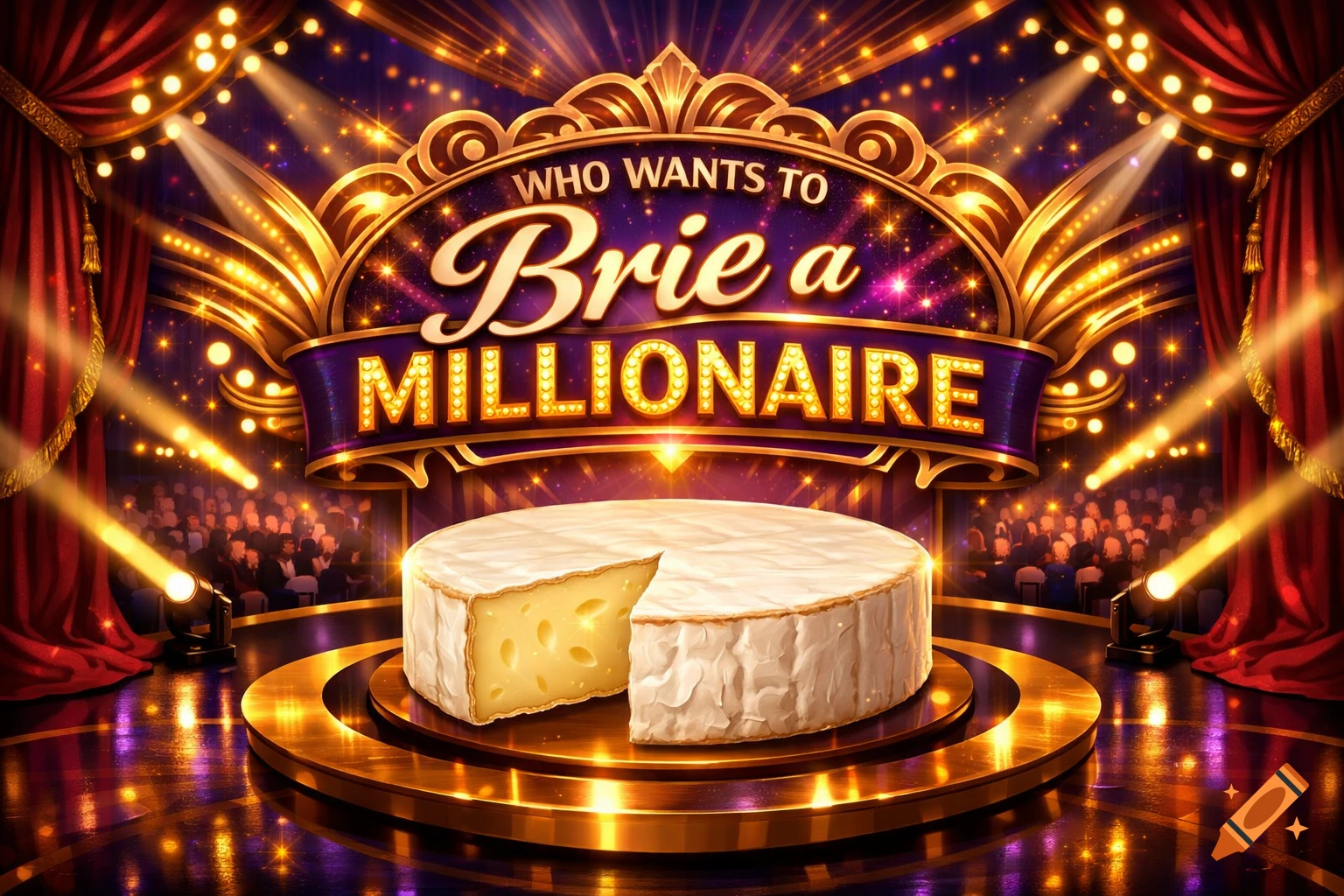 A dramatic game show stage featuring a large wheel of Brie cheese on a golden platform, with a banner reading 'WHO WANTS TO Brie a MILLIONAIRE'.