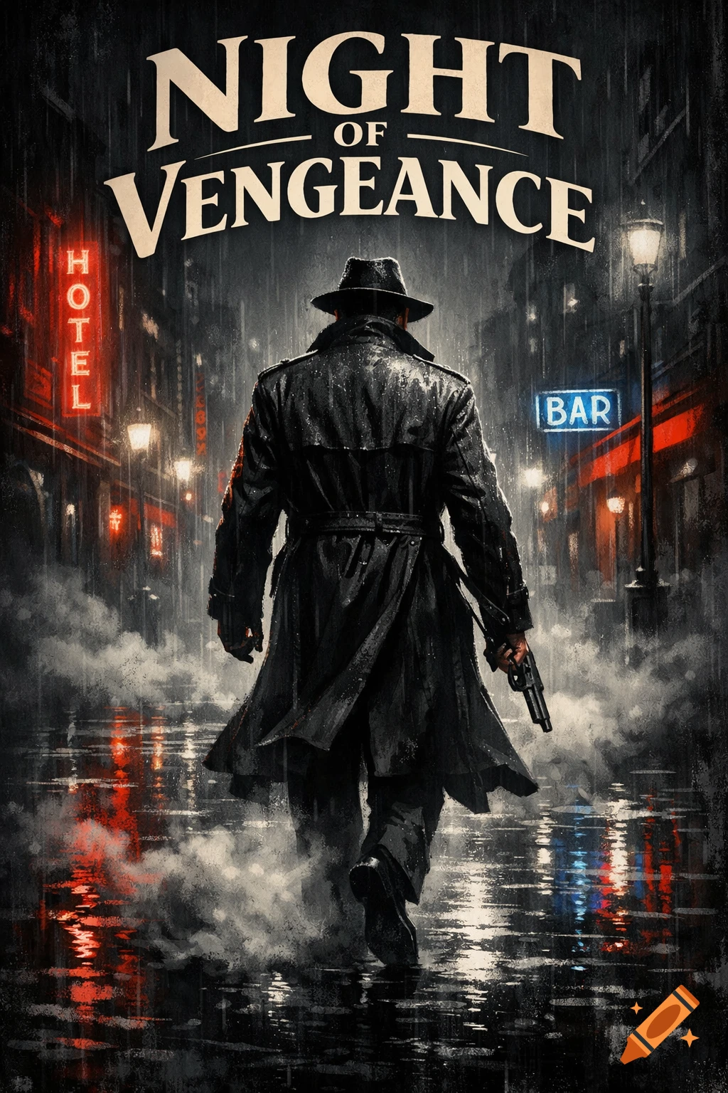 A man in a fedora and trenchcoat walks down a rainy city street at night, holding a pistol. Neon signs 'HOTEL' and 'BAR' are visible. Stylized book cover.