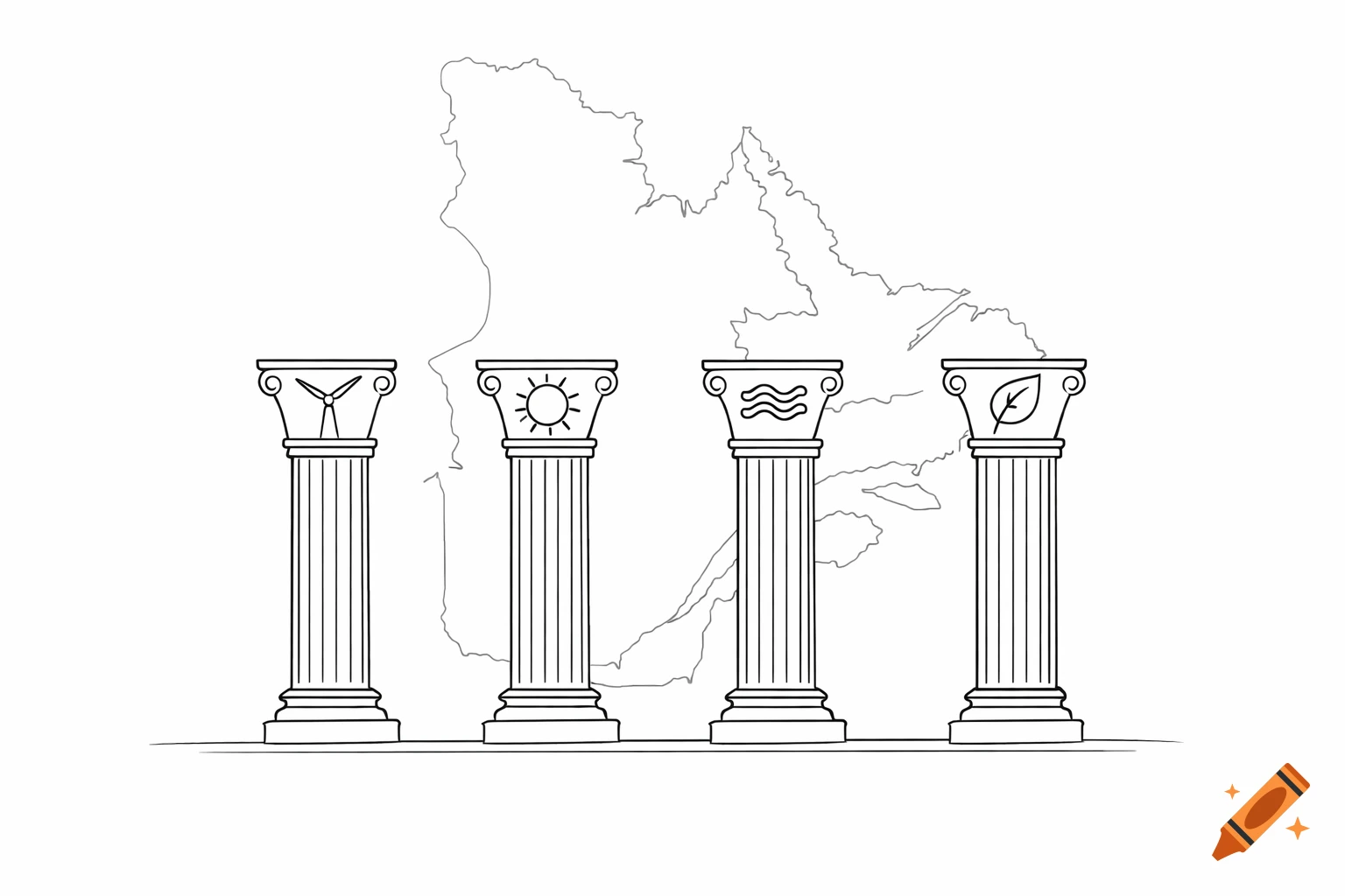 Line drawing of four classical pillars with energy symbols (wind turbine, sun, waves, leaf) over a faint map of Quebec.