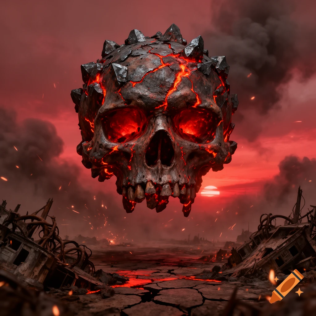 A menacing, cracked slag skull with glowing red eyes floats over a fiery, desolate apocalyptic landscape.