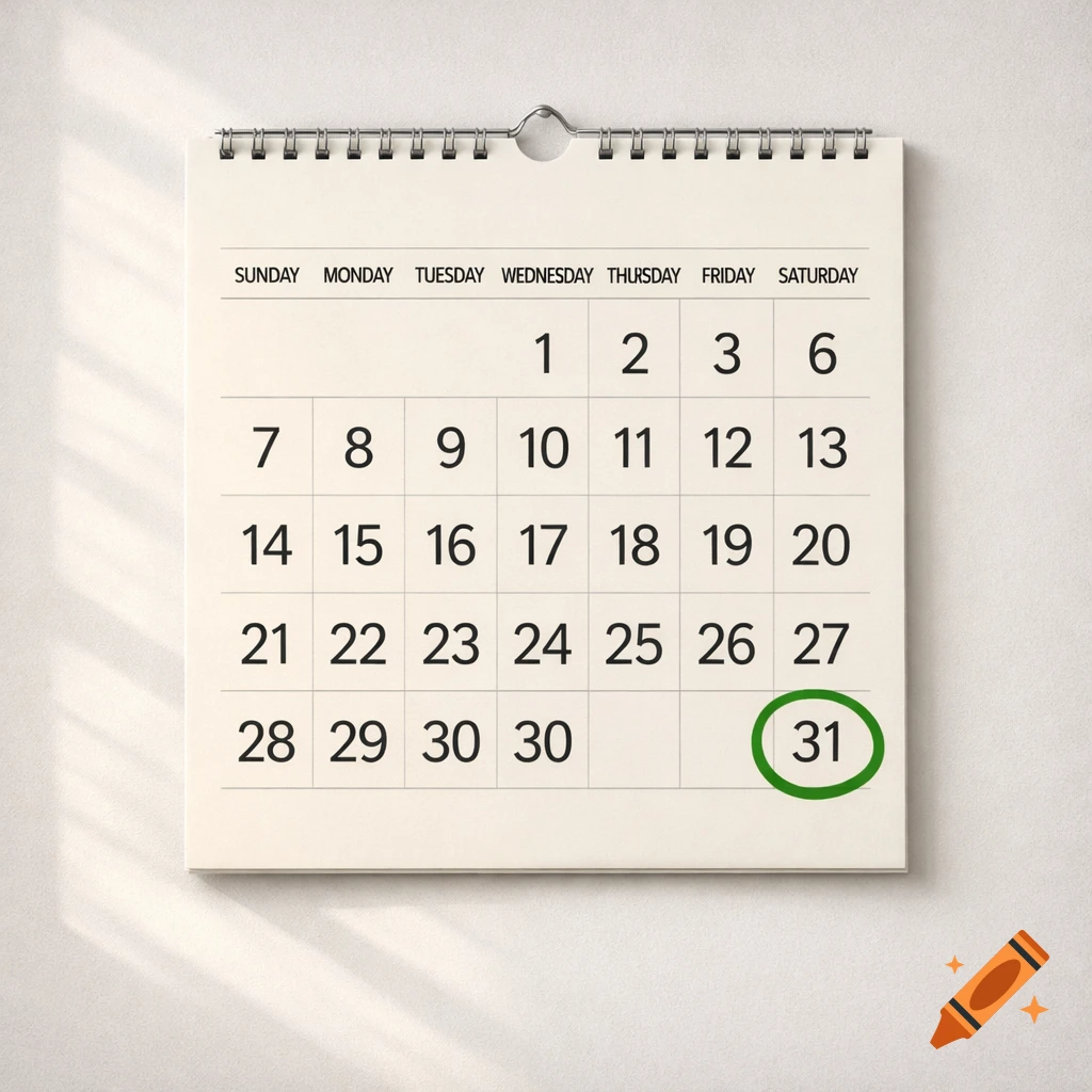 A wall calendar page with dates, showing a duplicated '30' and the number 31 circled in green.