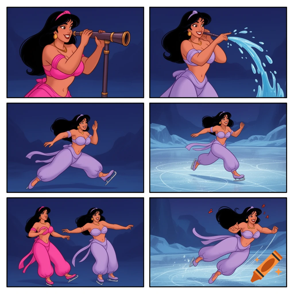 Six-panel comic in 90s Disney 2D style showing Princess Jasmine: looking through a telescope, squirting water, running, and ice skating.