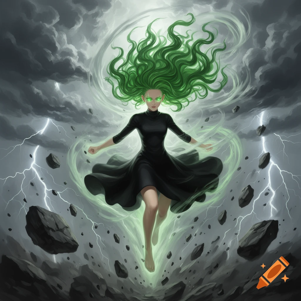 A green-haired woman in a black dress levitates, surrounded by green energy, lightning, and floating rocks against a stormy sky.