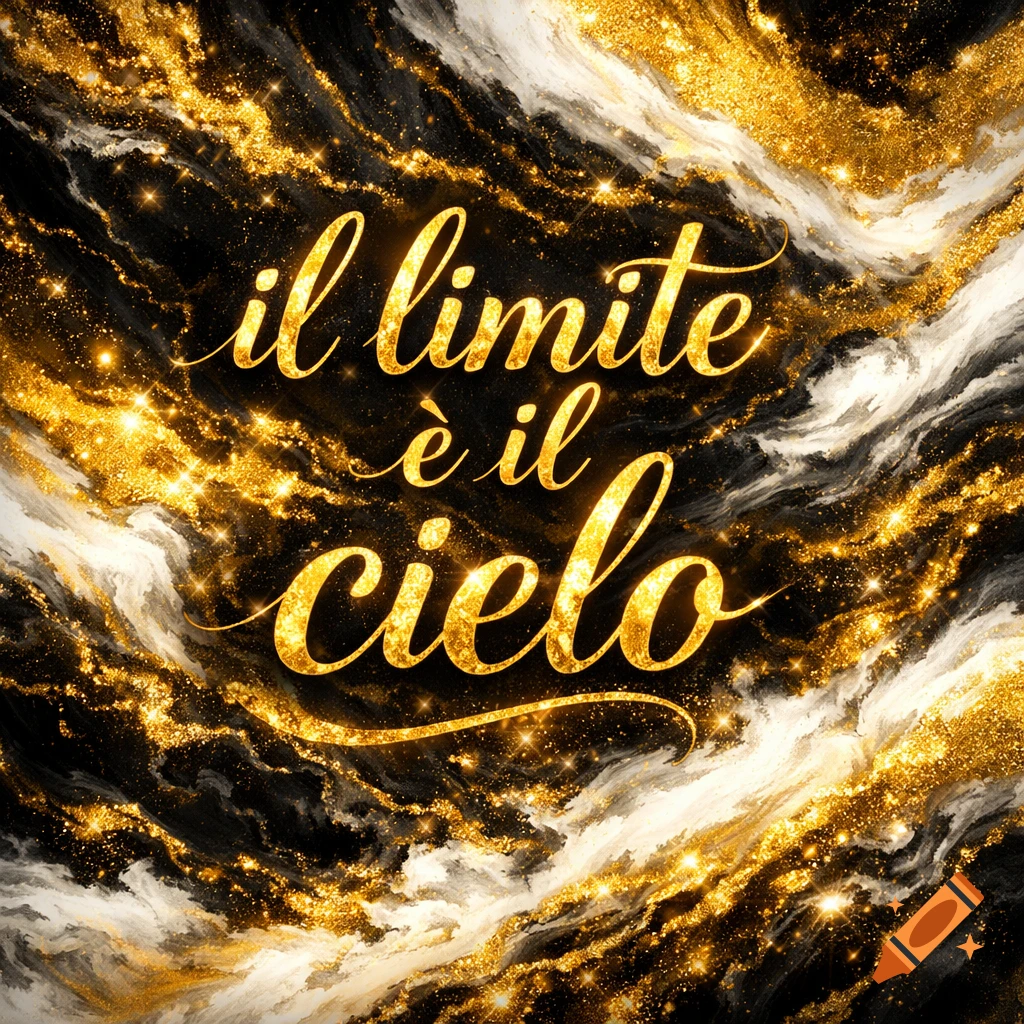 Golden script text 'il limite è il cielo' on a black and white marble background with sparkling gold glitter.