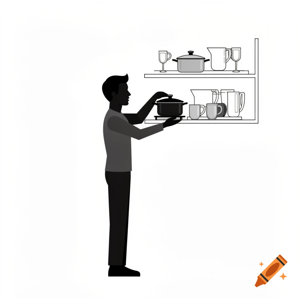 Silhouette of a man placing a black pot on a kitchen shelf filled with pots, pitchers, and glasses, in a pictogram style.