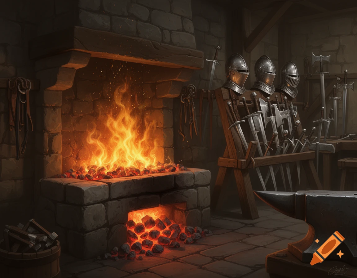 A medieval blacksmith's forge with glowing coals and roaring flames, alongside armor, swords, and an anvil in a stone workshop.
