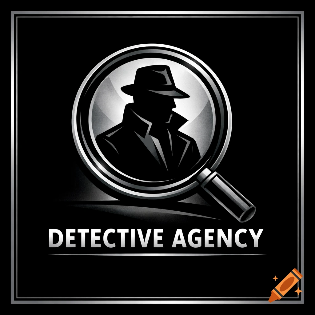 A monochromatic logo for a detective agency featuring a silhouette of a detective in a magnifying glass with the text 'DETECTIVE AGENCY' below.
