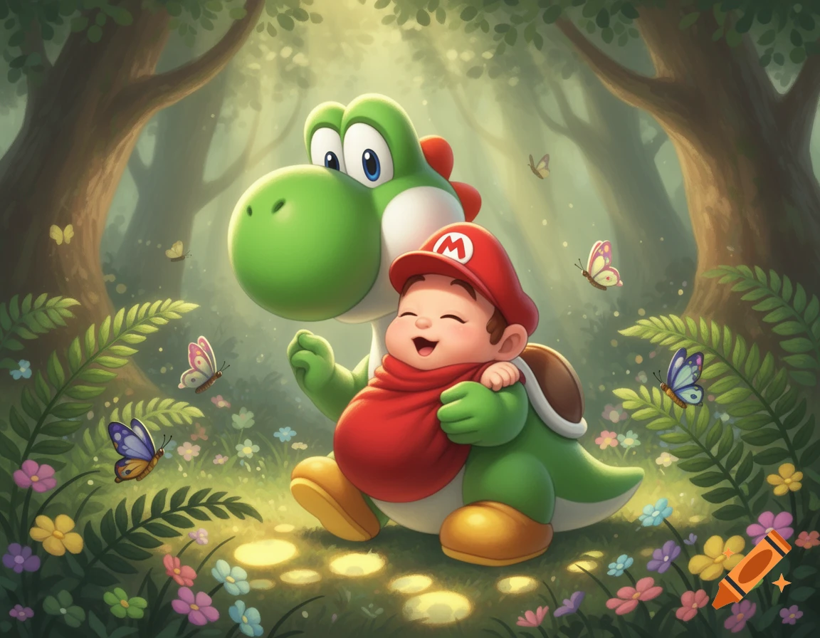 Yoshi tenderly holds Baby Mario in a vibrant, sunlit forest filled with colorful flowers and butterflies, in a cartoon illustration style.