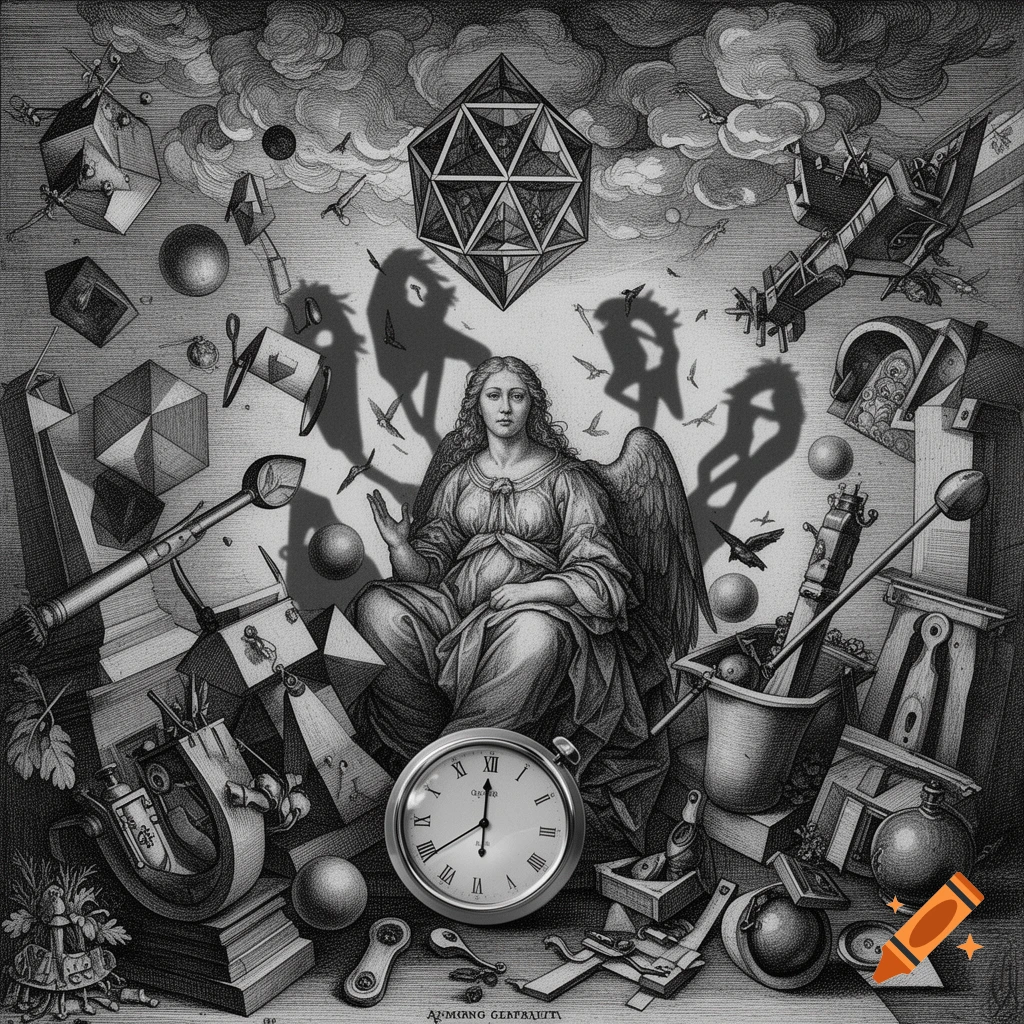 An intricate black and white engraving in Dürer's style features an angelic figure surrounded by geometric shapes, tools, and a clock, with shadowy figures in the background.