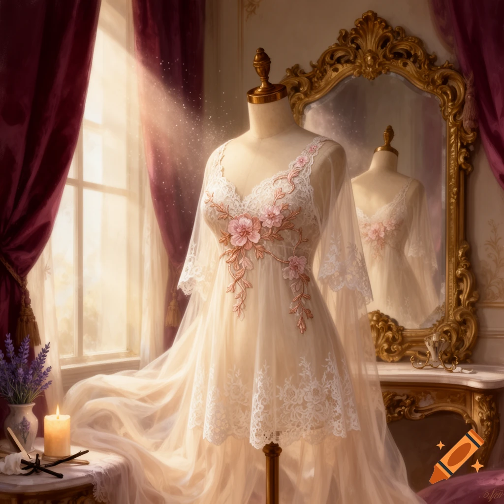 An elegant babydoll negligee with lace and floral embroidery on a mannequin in a sunlit room with an ornate mirror.