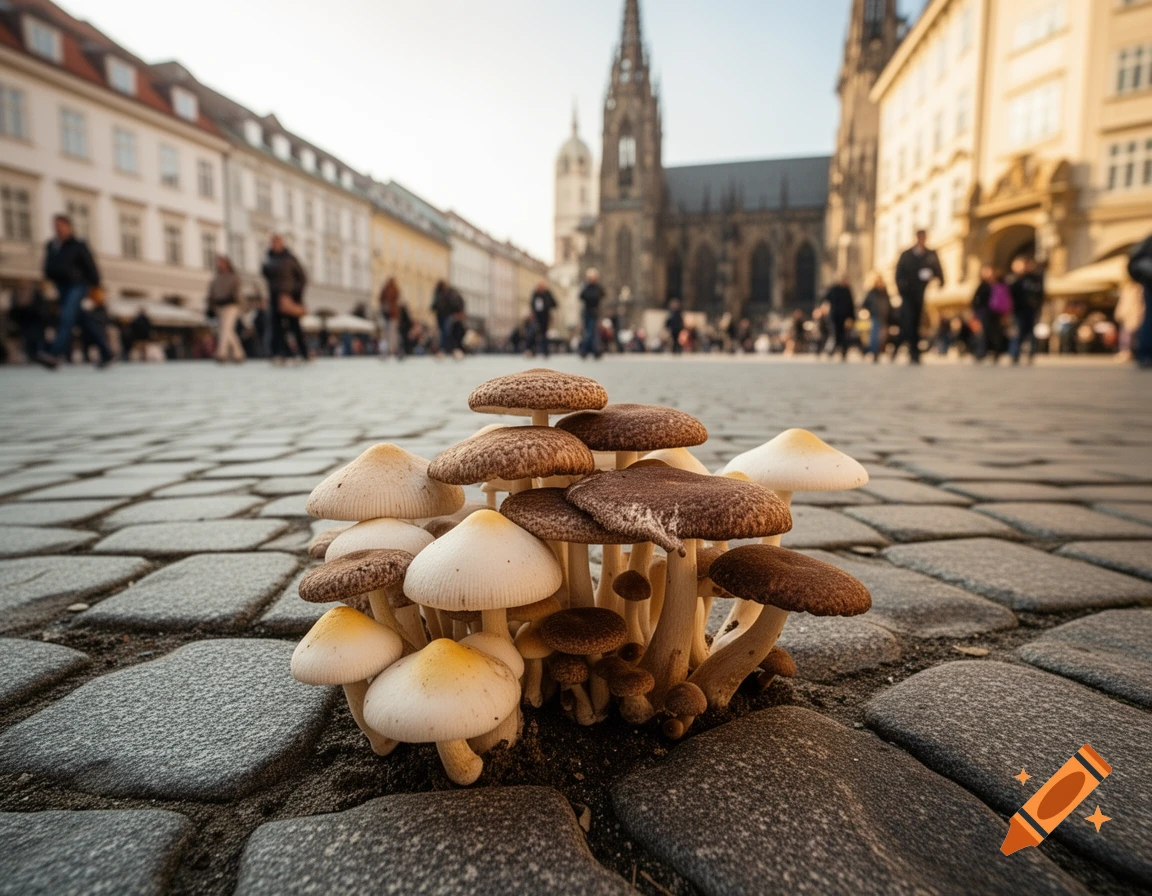 Close-up of mushrooms growing on cobblestones in a busy city square, with blurred buildings and people in the background.