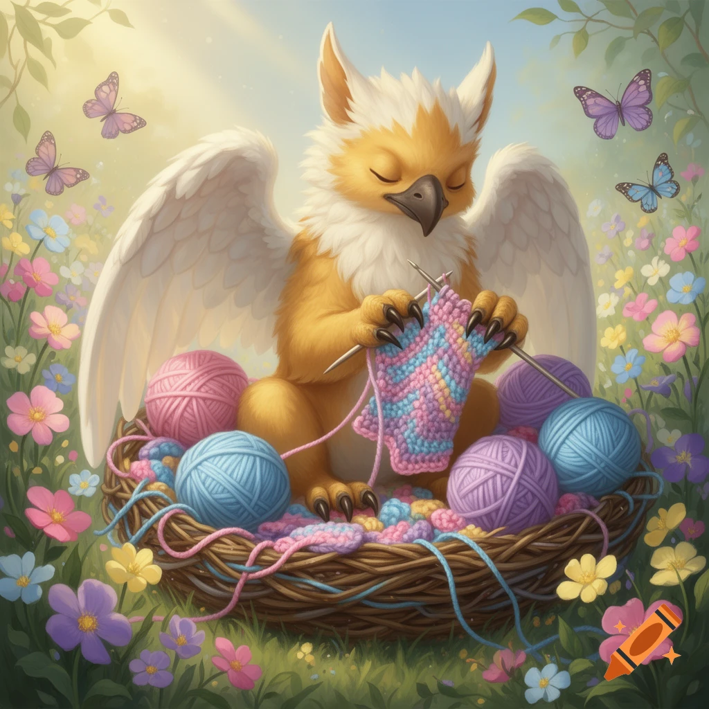 A cute, fluffy golden gryphon knits in a nest of colorful yarn, surrounded by vibrant flowers and butterflies.