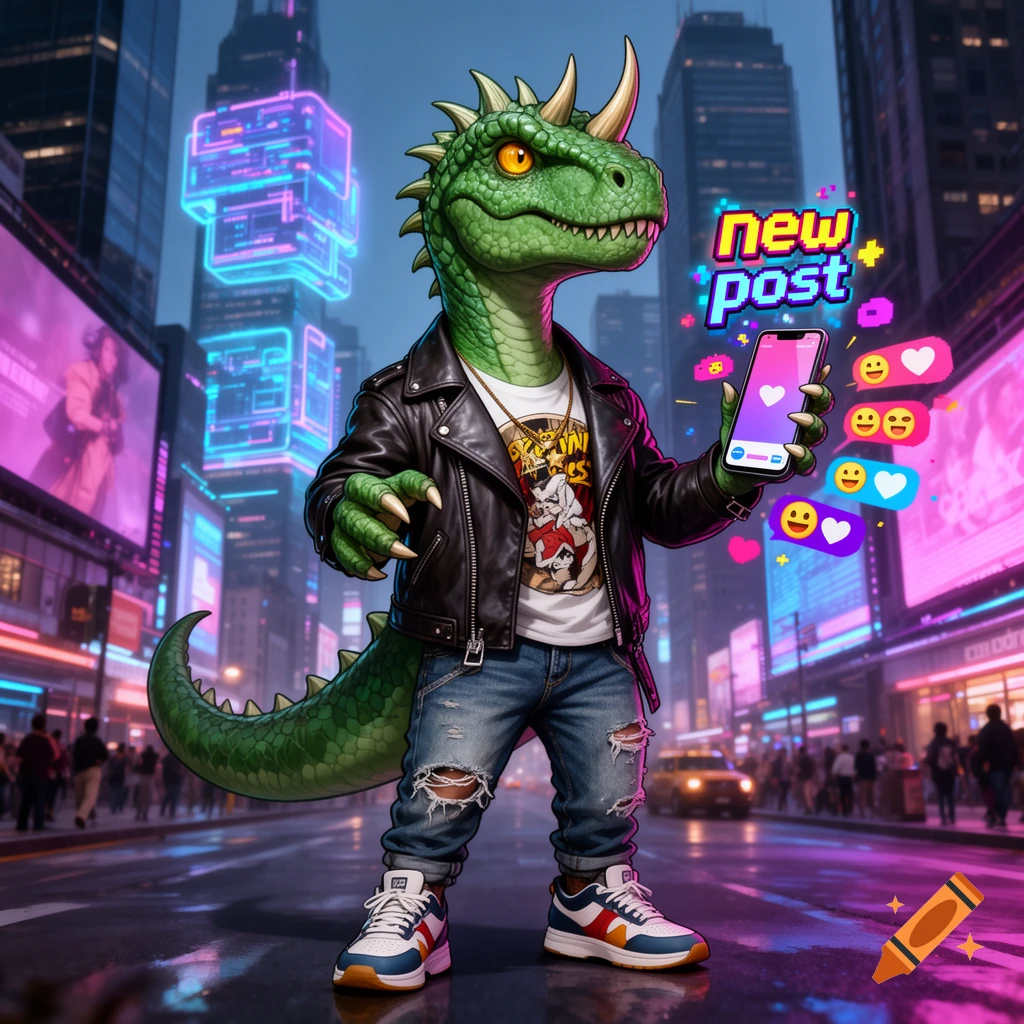A cartoon dinosaur in a leather jacket and ripped jeans stands in a neon-lit city street, holding a smartphone with a "new post" notification.