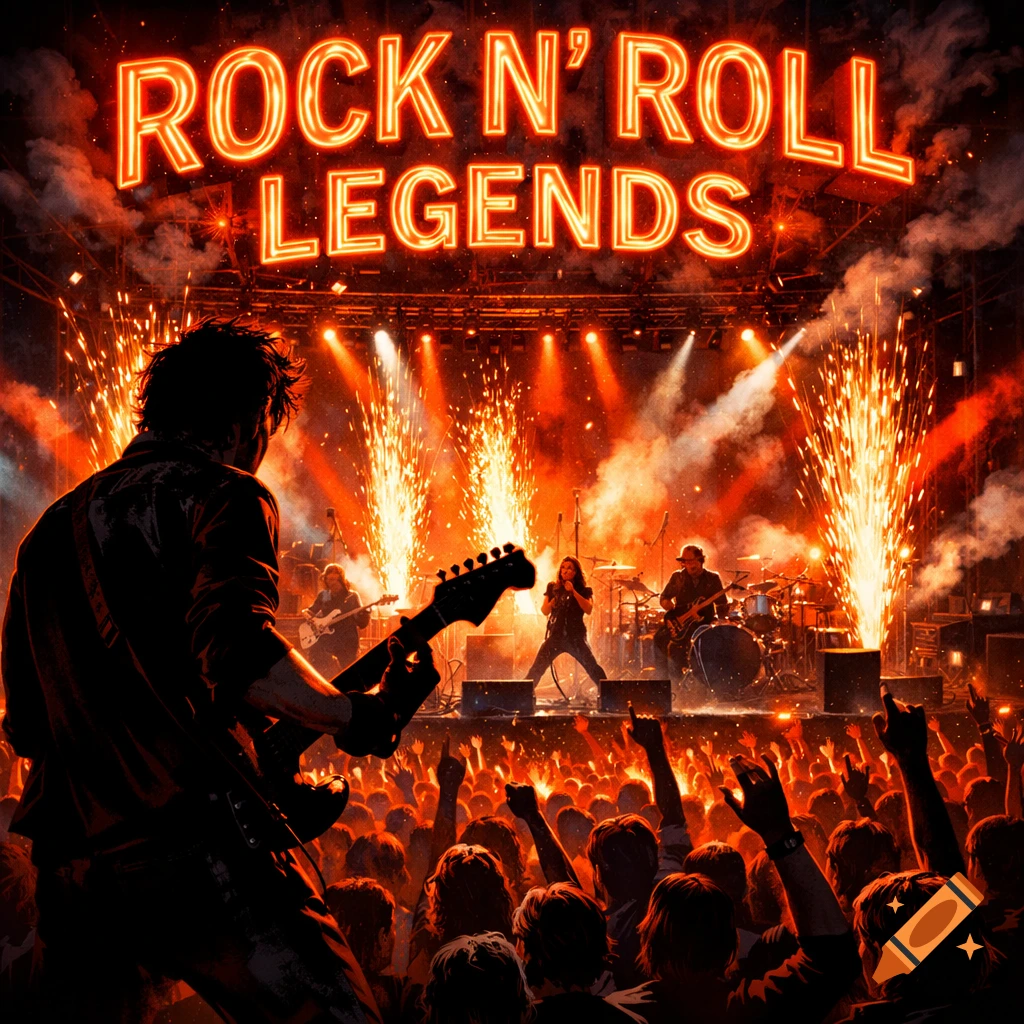 An electrifying rock concert scene with a guitarist in the foreground and a band on stage, featuring pyrotechnics and the neon sign "ROCK N' ROLL LEGENDS" overhead.