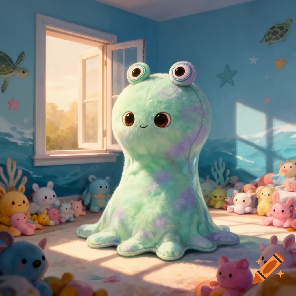 A large, fuzzy, light green and purple plankton-shaped plush toy sits in a cute, ocean-themed child's room, surrounded by smaller plush toys.