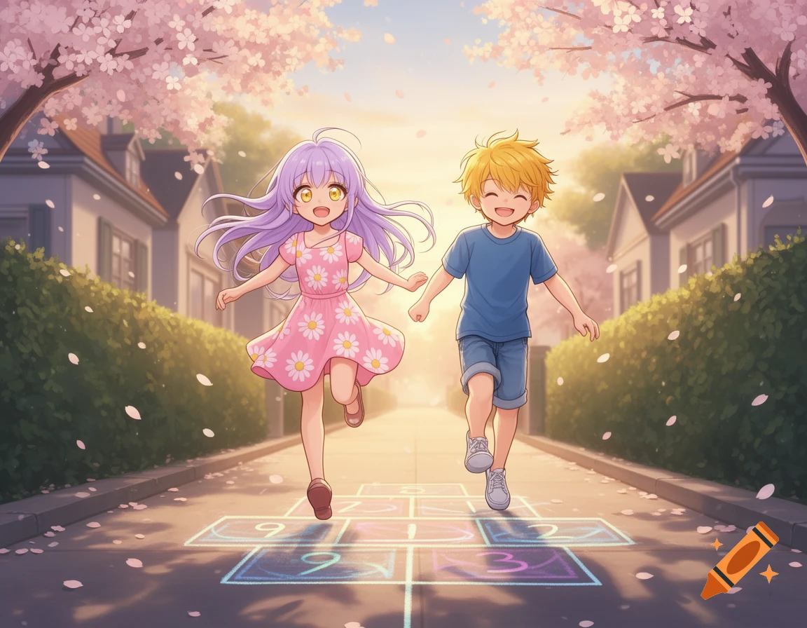 An anime boy and girl happily run hand-in-hand on a sun-dappled hopscotch court under cherry blossom trees.