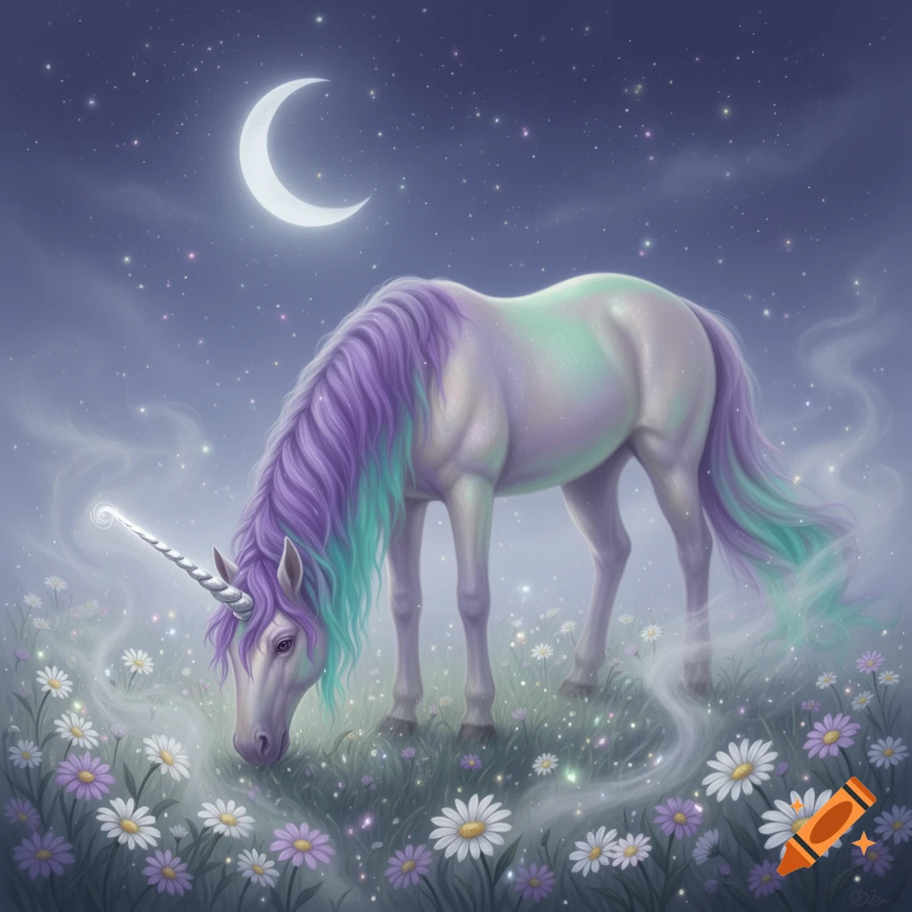 A pastel unicorn with a glowing horn grazes among purple and white ...