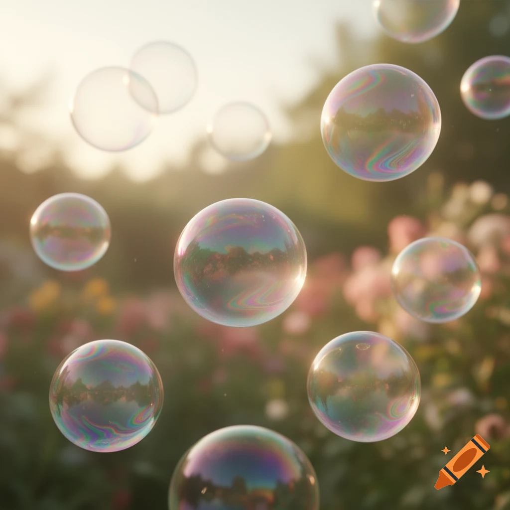 Many iridescent soap bubbles float in a sunlit garden with blurred pink flowers and greenery.