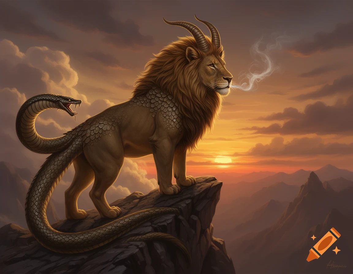 A majestic chimera, a lion with goat horns and a snake tail, stands on a cliff overlooking a mountain range at sunset, exhaling smoke.