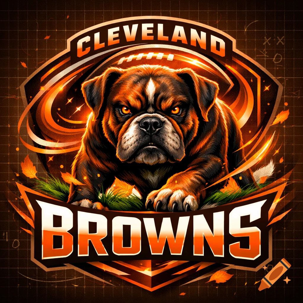 Stylized Cleveland Browns logo with an aggressive bulldog, glowing orange eyes, fiery elements, and fall leaves. Orange and black shield design.