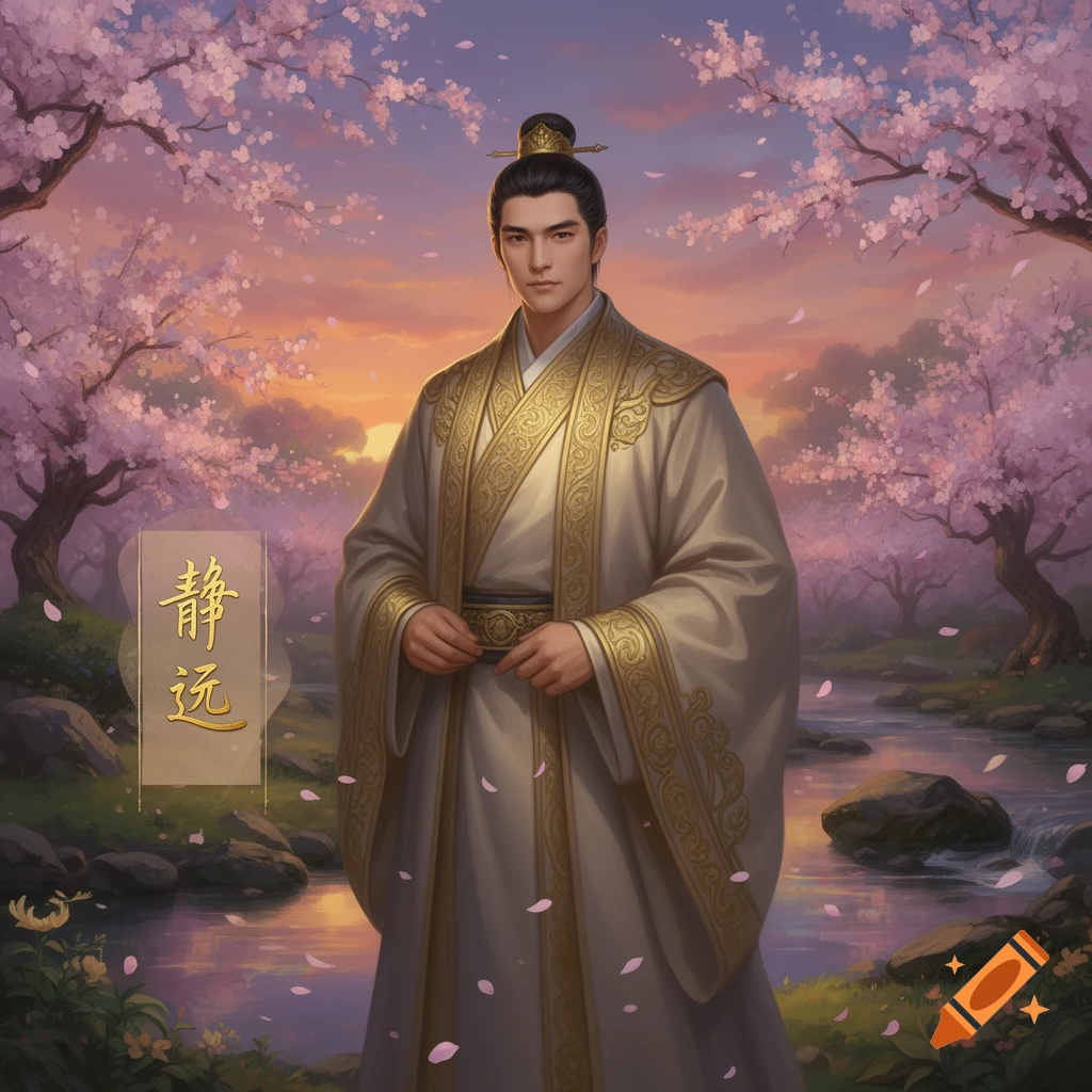 A man in ancient Chinese robes with golden trim stands among pink cherry blossoms by a stream at sunset, with two Chinese characters on a banner.