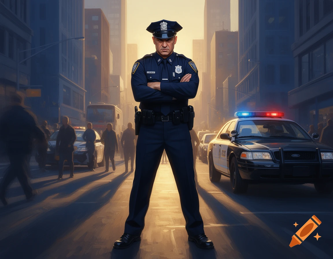 Photorealistic image of an angry police officer standing on a city street at sunset, with a police car and blurred crowd.