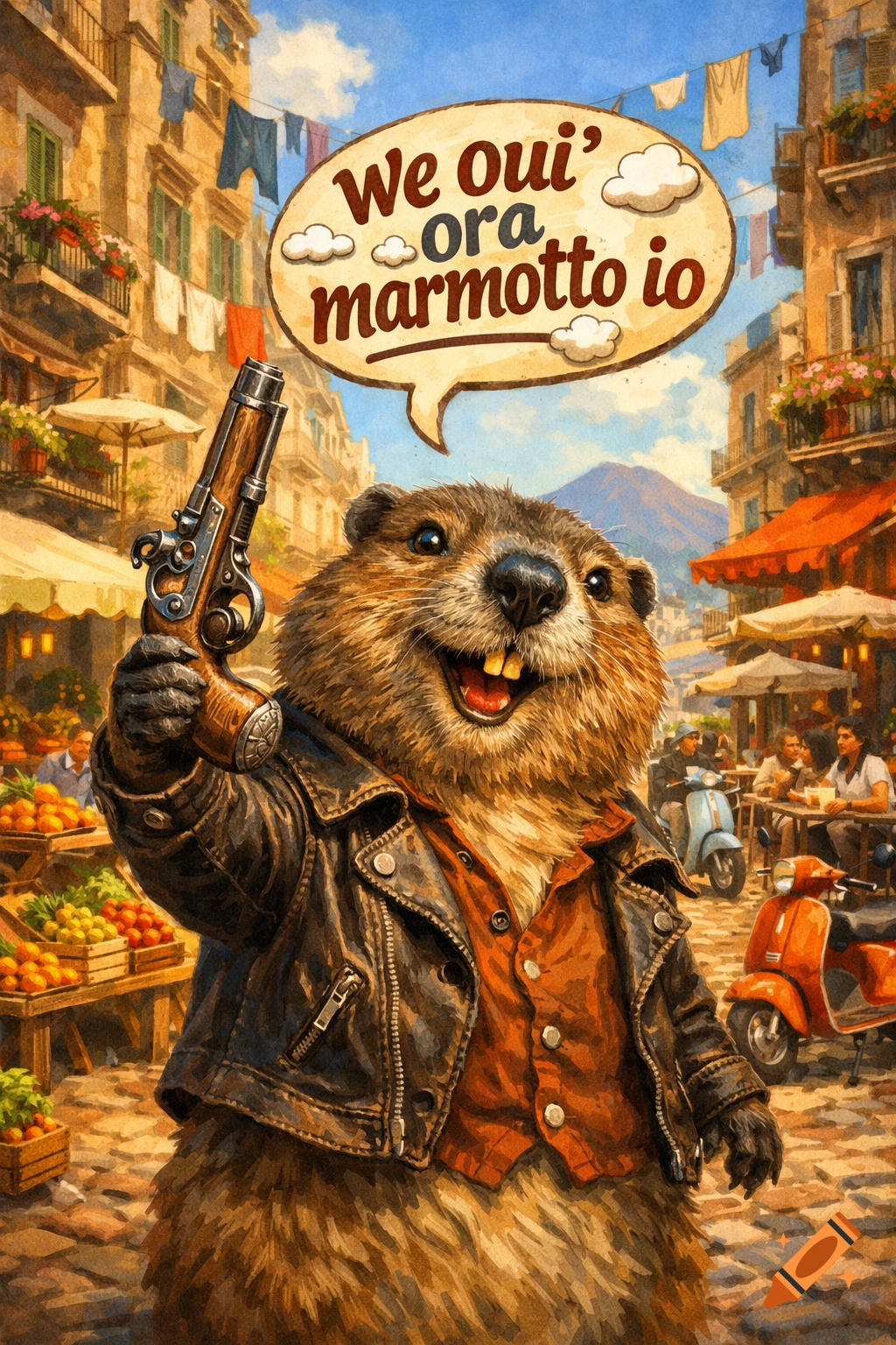 An anthropomorphic groundhog in a leather jacket holds a pistol in a vibrant Naples street scene, with a speech bubble.