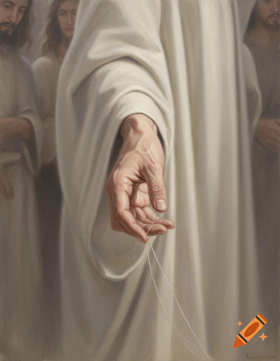 A contemporary painting of a hand holding a white thread, with blurred figures in religious robes in the background, in neutral tones.