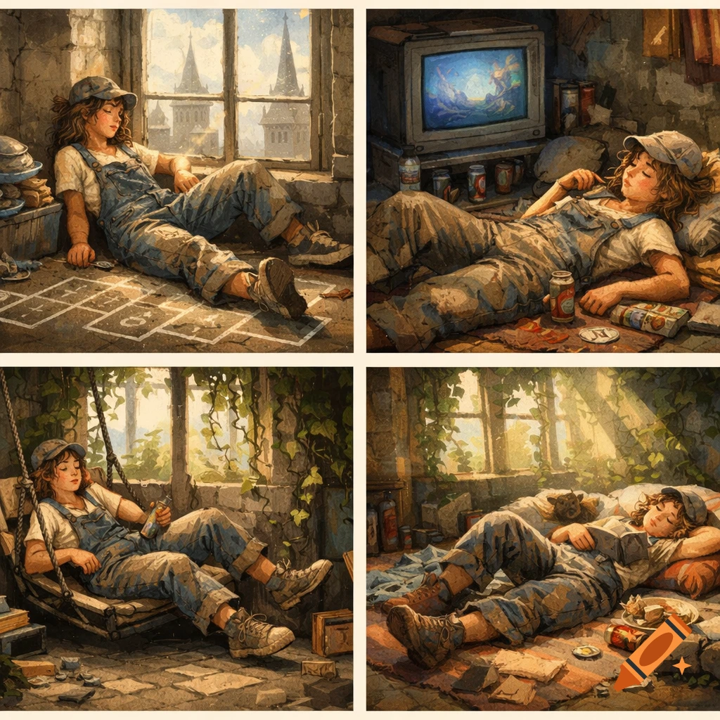 Four watercolor illustrations of a young woman in overalls relaxing in different ways within a ruined, overgrown castle room.