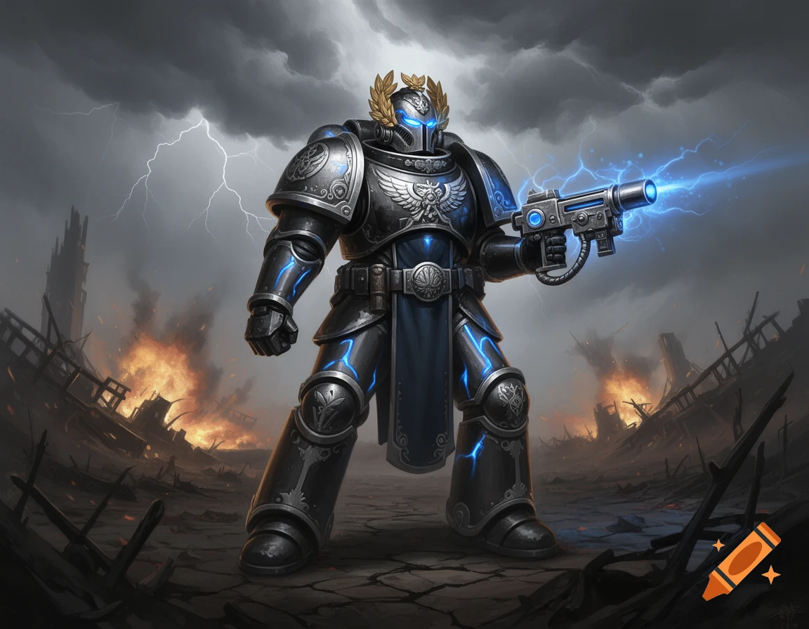 A heavily armored warrior, resembling a Space Marine, stands on a fiery battlefield under a stormy, lightning-filled sky, holding an energy weapon.