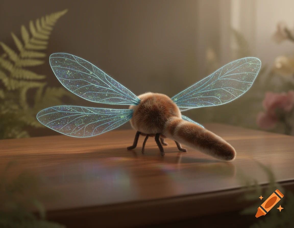 Photo-realistic plush dragonfly with glowing blue wings on a wooden table, with blurred foliage in the background.