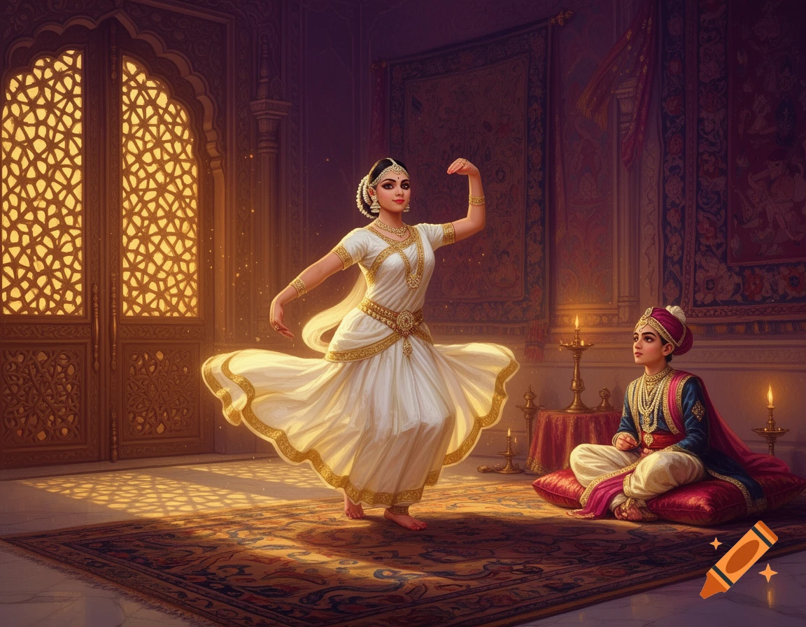 An Indian dancer in a white and gold dress performs Mohiniyattam in an ornate palace room, observed by a young maharaj.