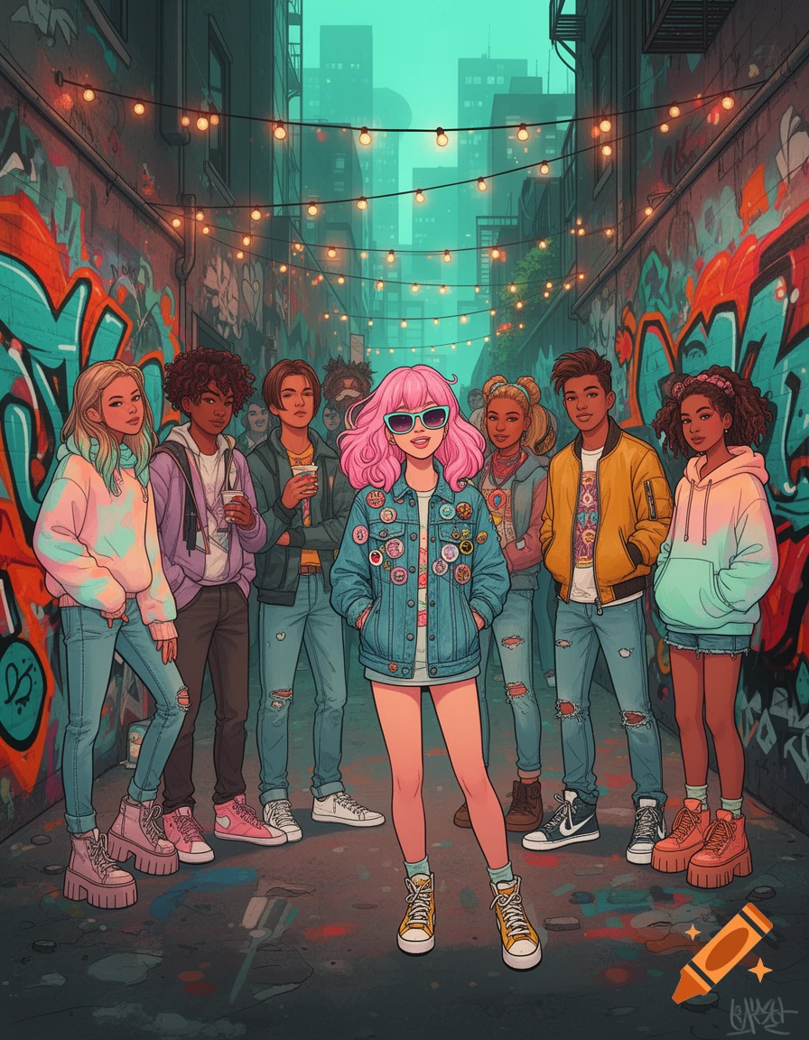 Vibrant illustration of diverse teenagers in stylish casual outfits, standing in a graffiti-covered alley with string lights and a city skyline.
