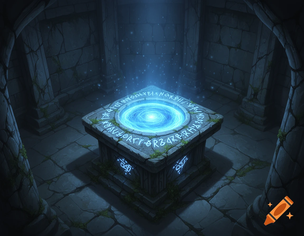 Ancient stone altar with glowing blue runes and a circular teleportation portal in a fantasy underground chamber, D&D concept art.