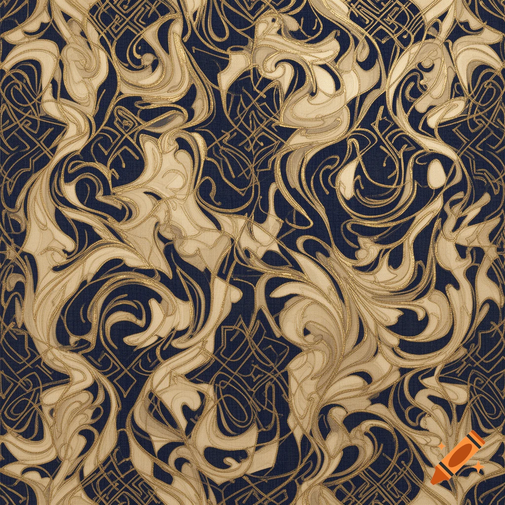 Intricate Art Nouveau-style pattern in swirling gold, cream, and deep navy blue, with some geometric elements.