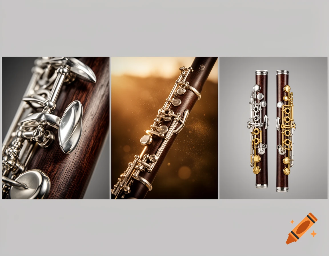 Three detailed views of woodwind instruments: a macro shot of silver keys, a close-up with golden hour light, and two instruments against a grey background.