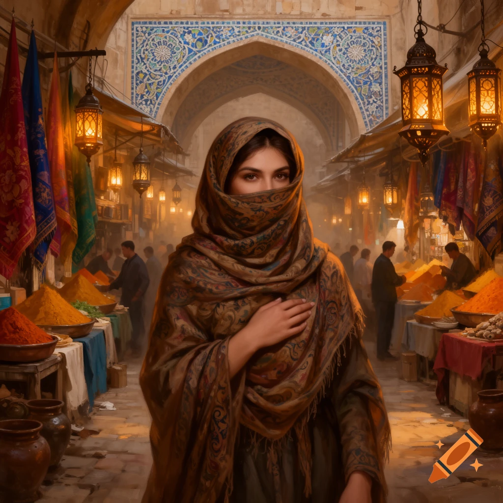 A woman in a patterned scarf partially veils her face, standing in a vibrant market with colorful spices and lanterns under an ornate archway.
