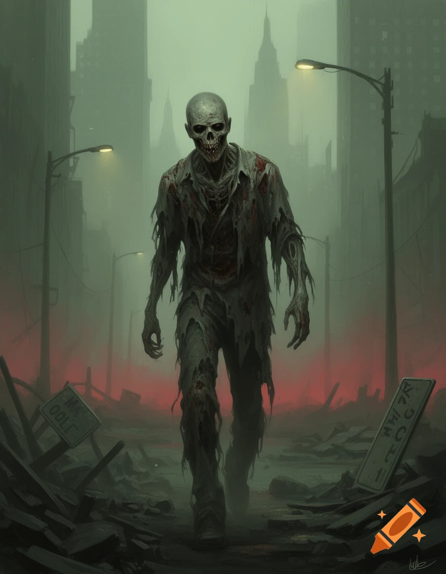 A skeletal zombie with tattered clothes walks through a misty, ruined city street under a green sky, with faint red glow in the background.