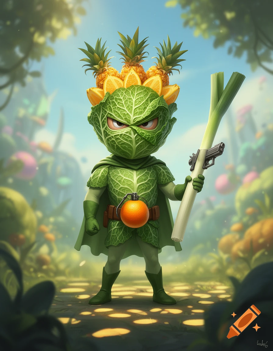 A cartoon cabbage superhero with a pineapple and orange crown, holding a leek pistol and an orange grenade, stands in a vibrant forest.